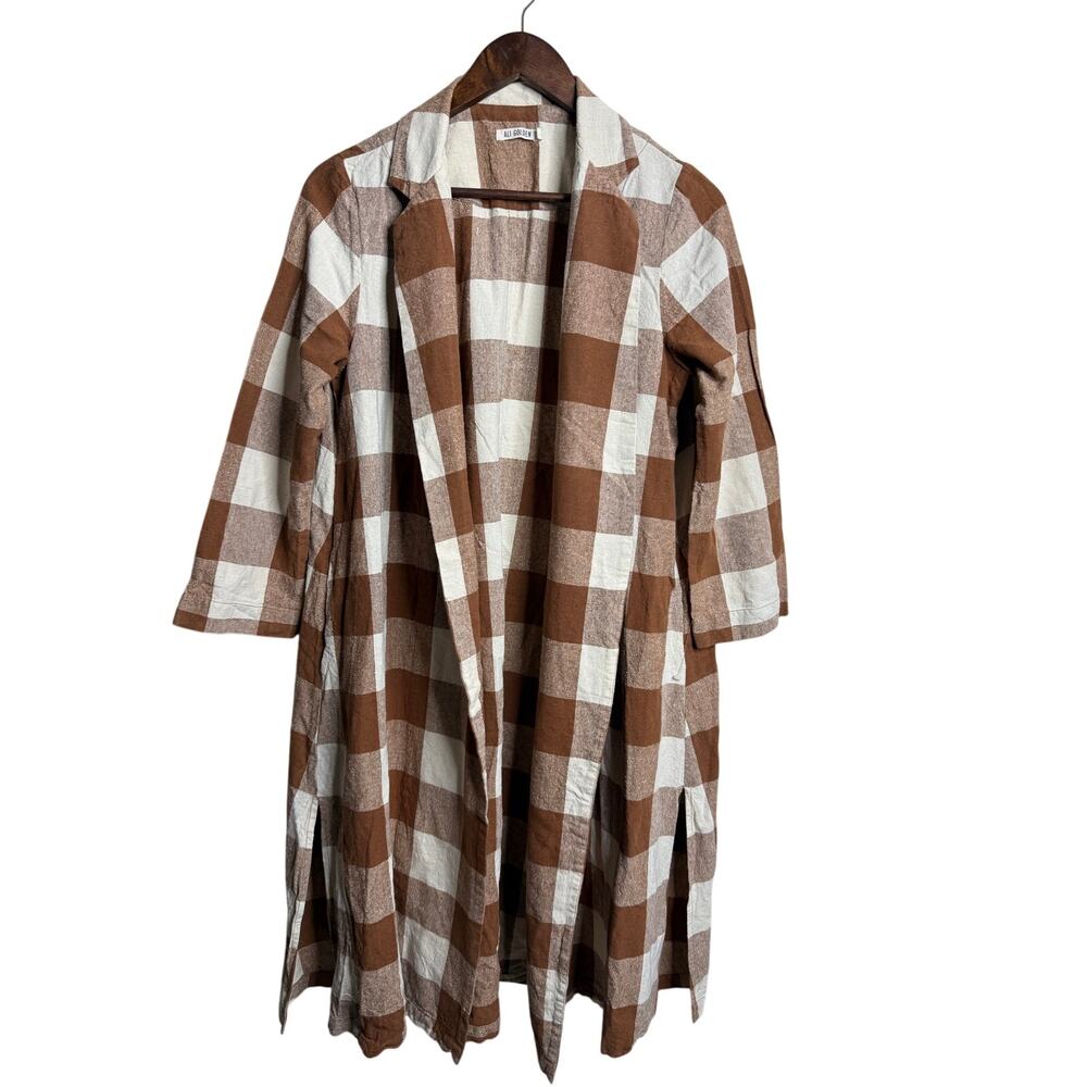 Ali Golden Raw Silk Notch Jacket Duster size M Chestnut Cream Plaid Long
